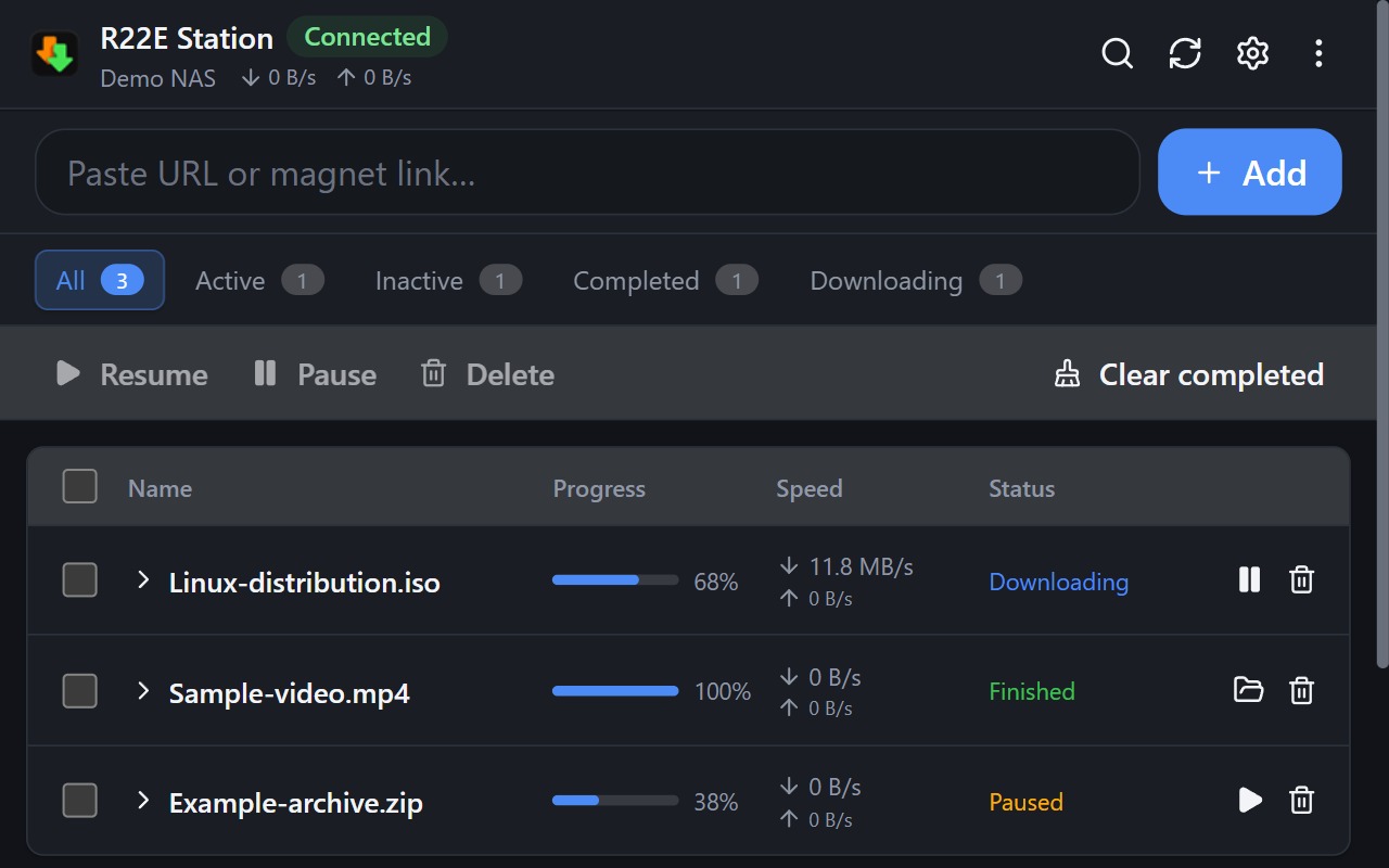 R22E Station download interface with example tasks